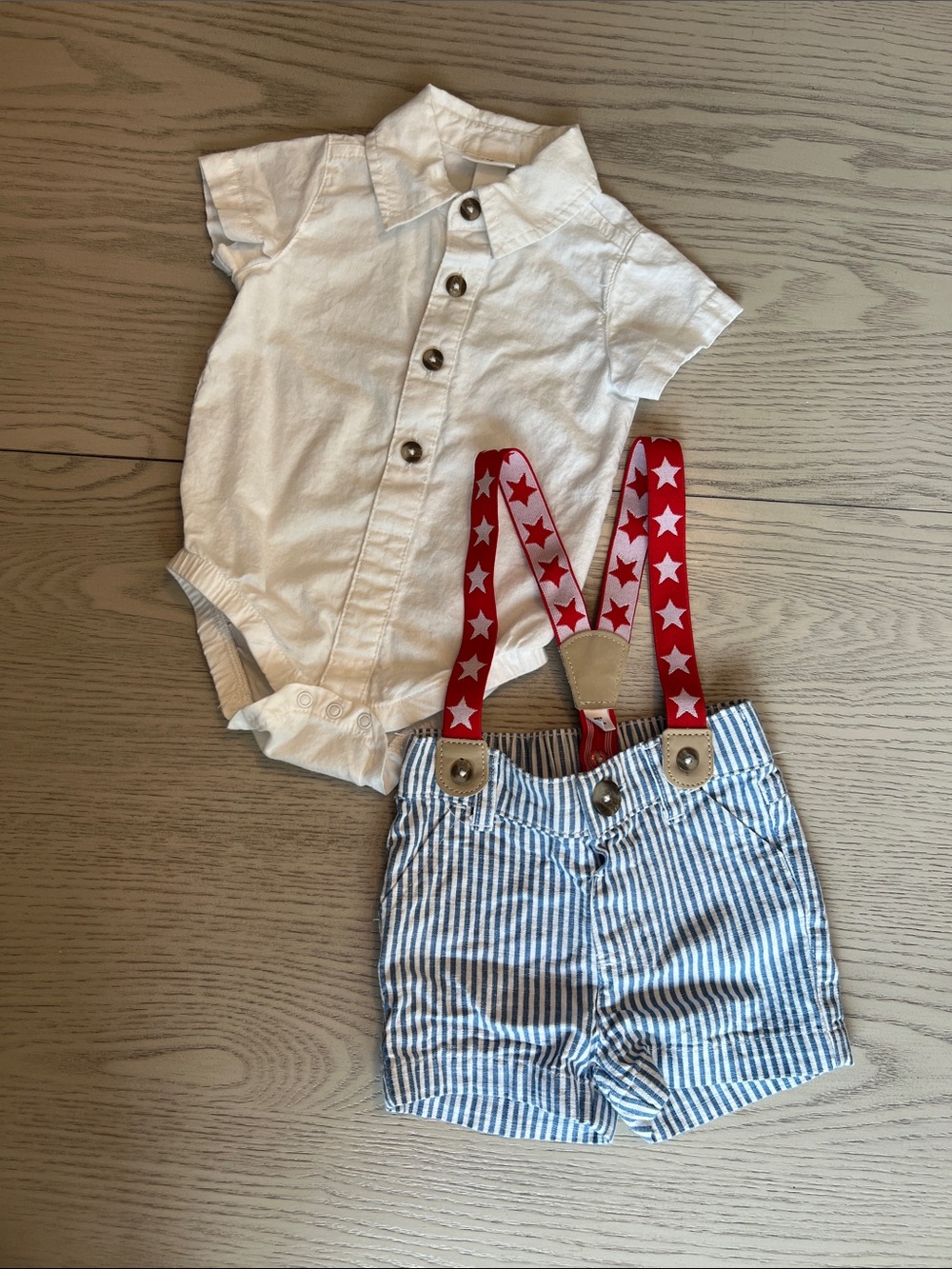 Cat & Jack White Romper with Red Star Suspenders and Blue Stripe Shorts